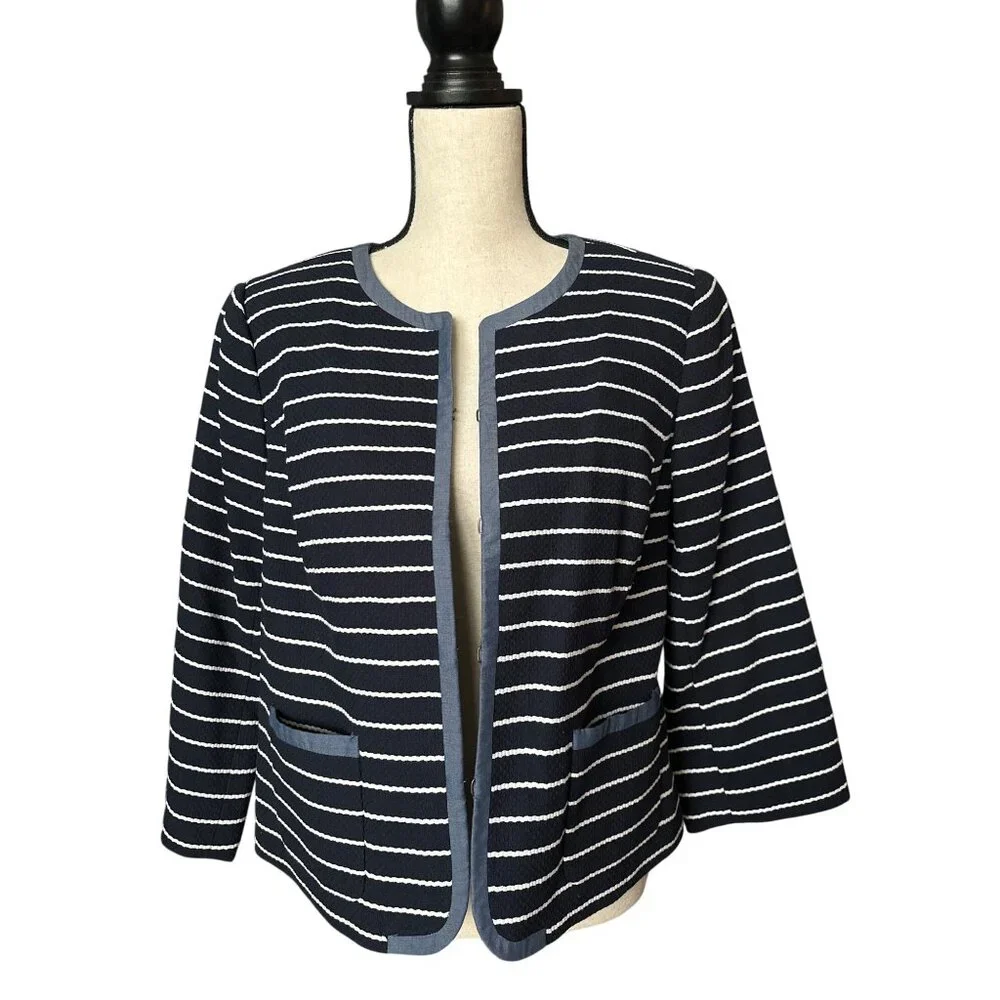 NWT Talbots Navy White Striped Blazer Eye Hook Front Close Cotton Jacket Size 12